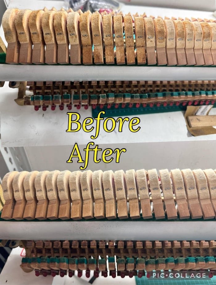 Before-and-after comparison of restored piano hammers